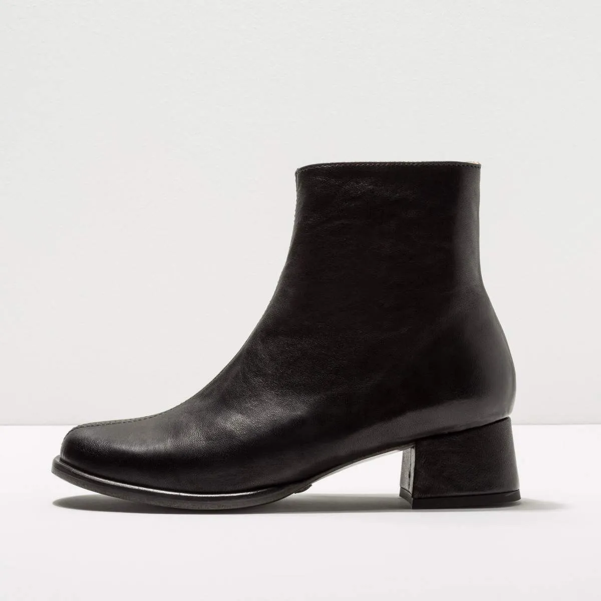 Square Heel Leather Ankle Boots - Black