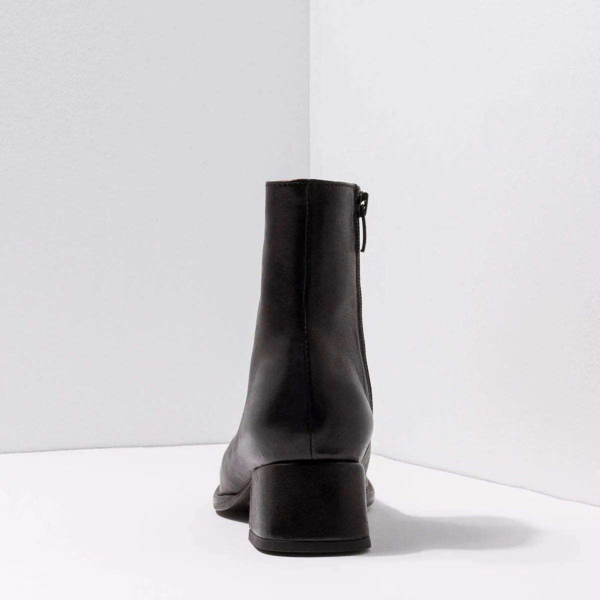 Square Heel Leather Ankle Boots - Black