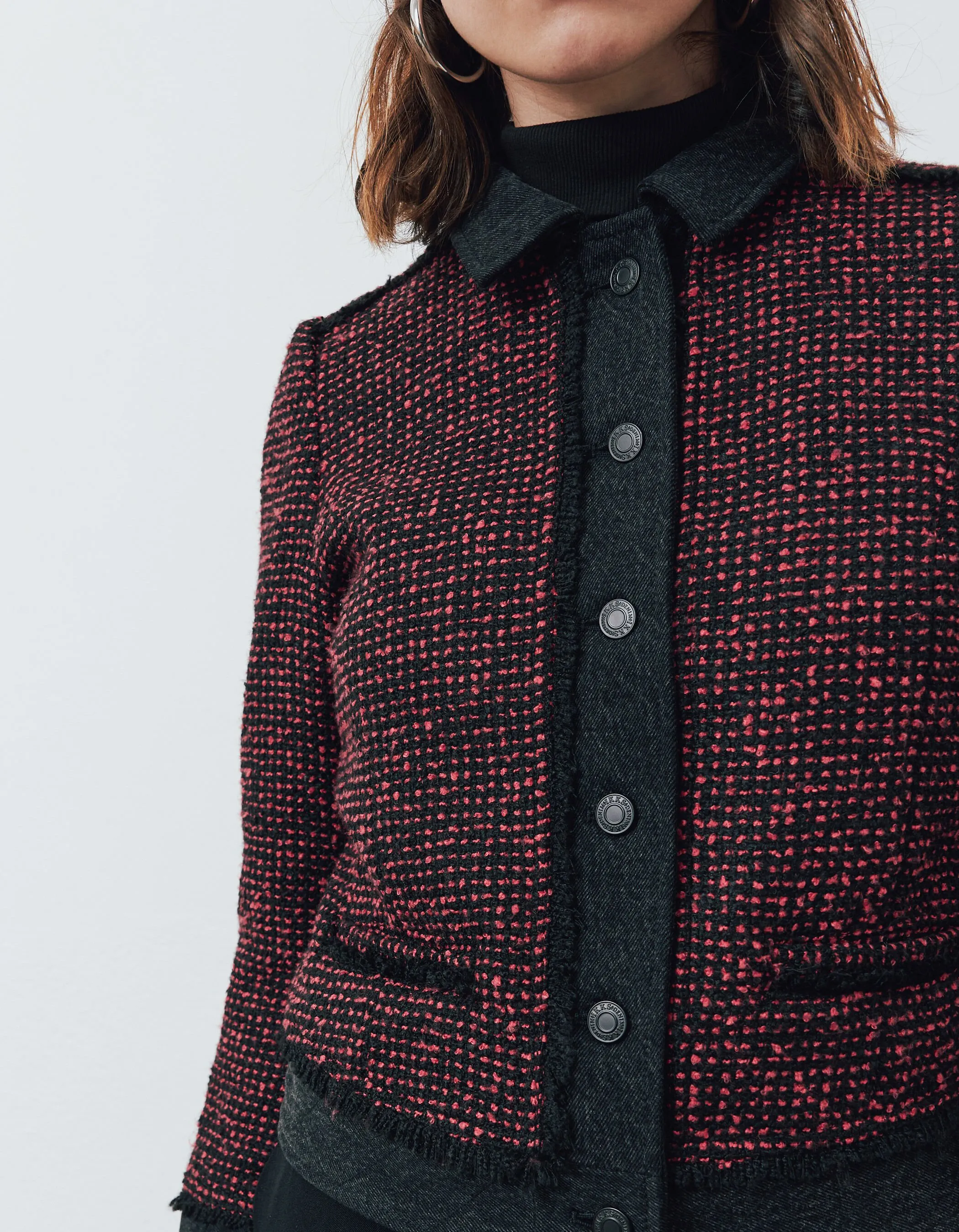 Tweed and Denim Red and Black Women's Bicolor Jacket