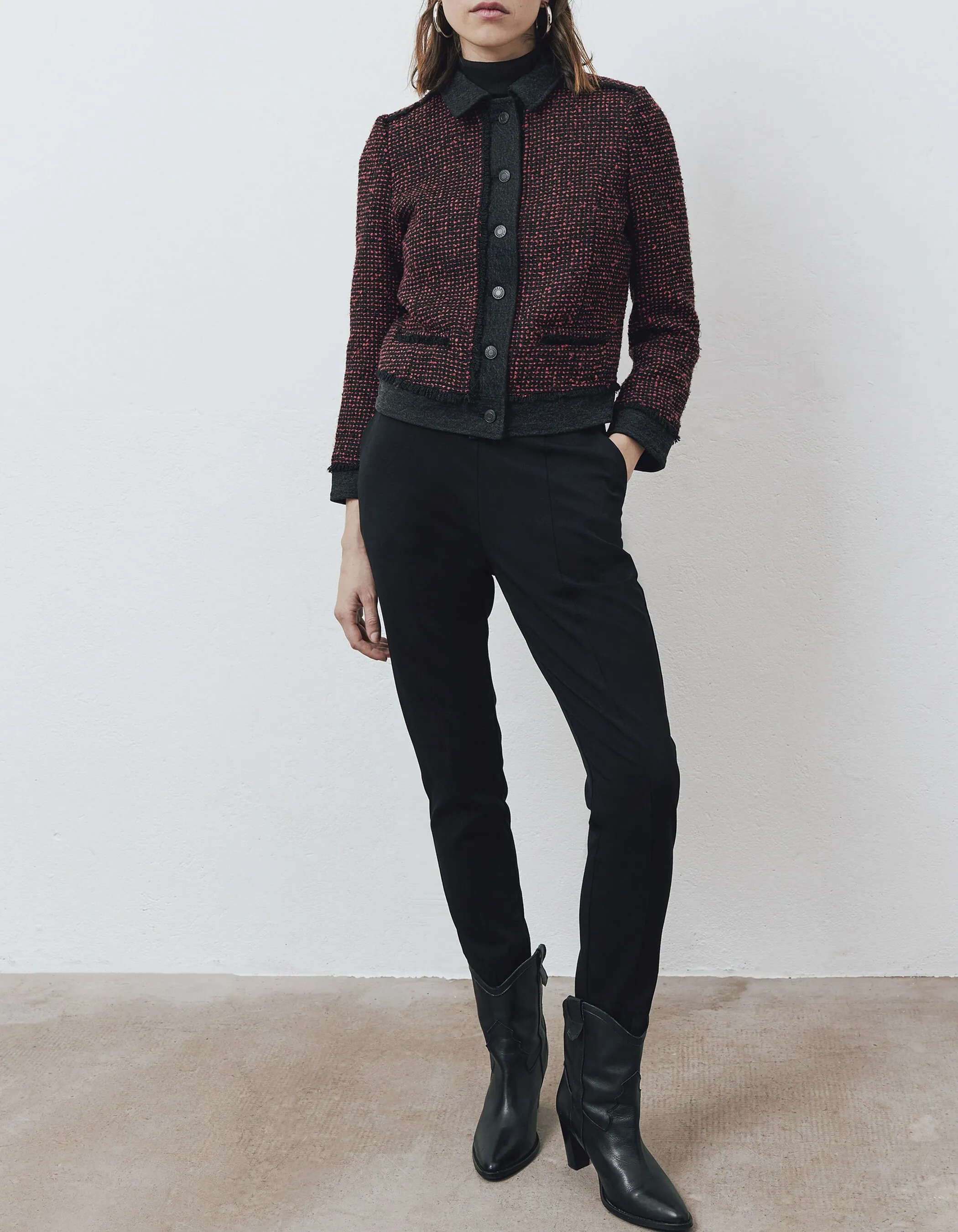 Tweed and Denim Red and Black Women's Bicolor Jacket