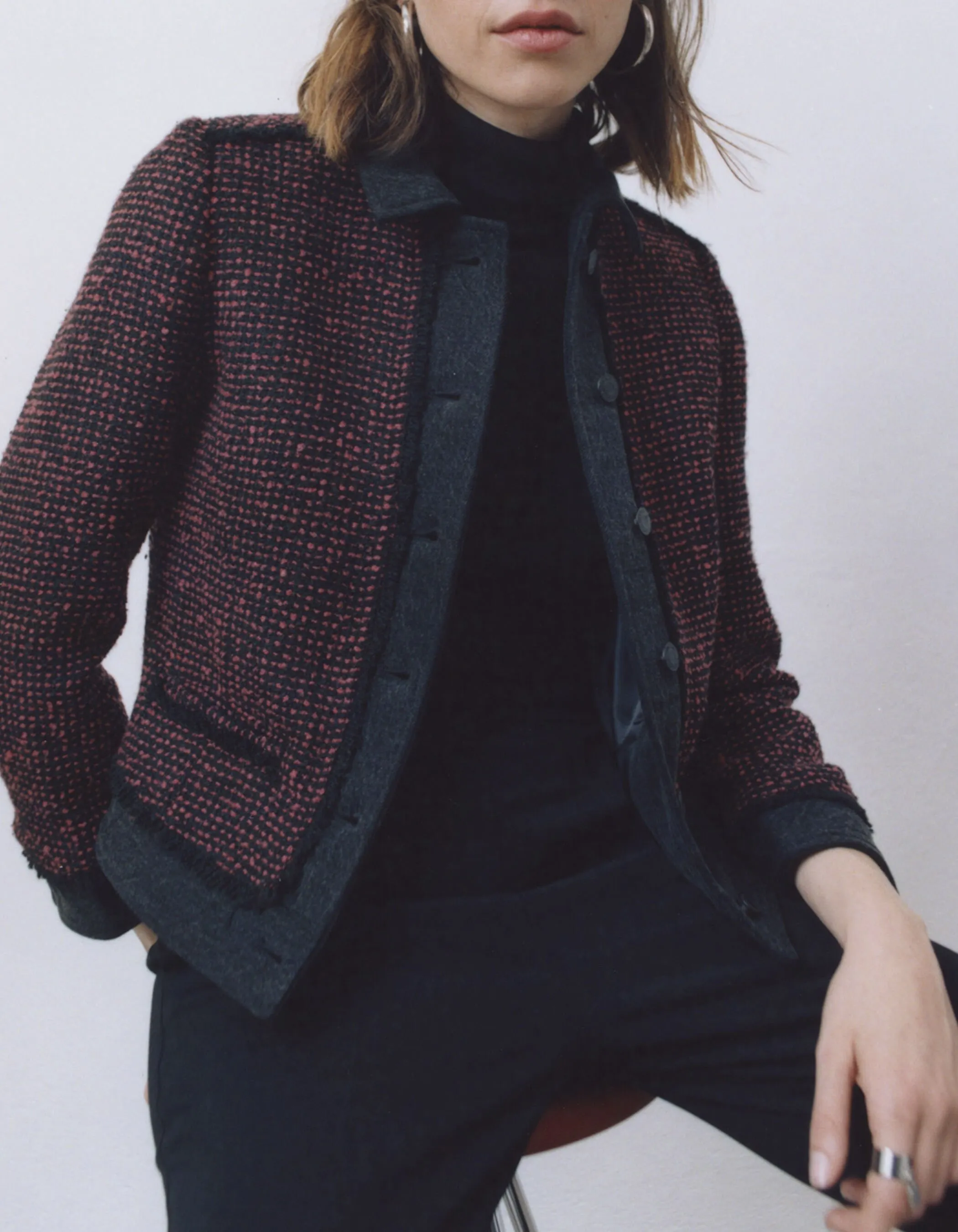 Tweed and Denim Red and Black Women's Bicolor Jacket