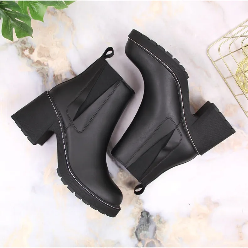 Women's Leather Chelsea Boots on Post, Slip-On, Warm Black Artiker Black.