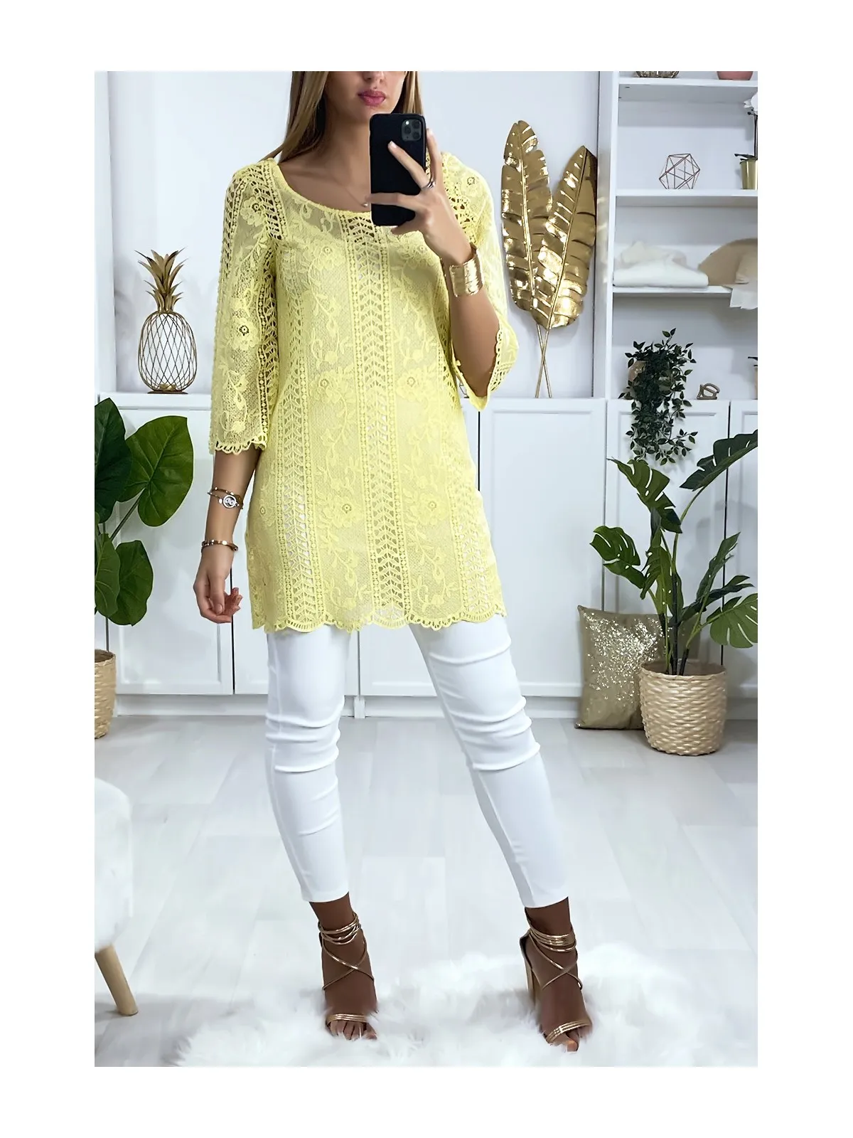 Yellow lace top.