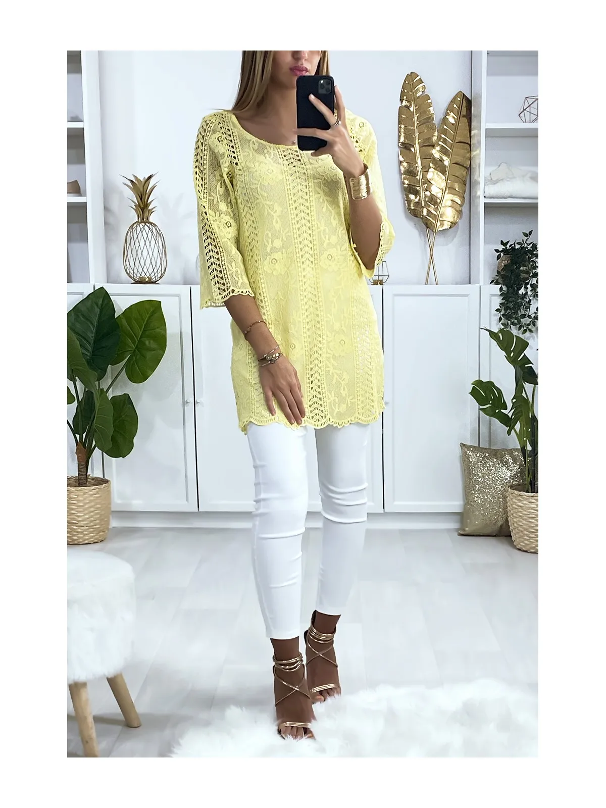 Yellow lace top.