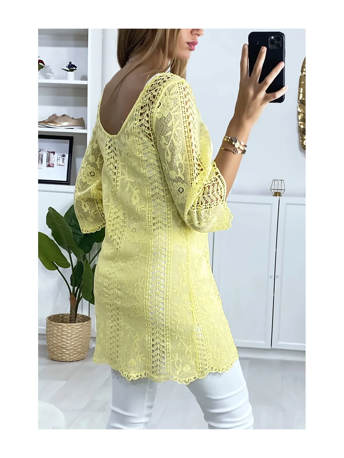 Yellow lace top.